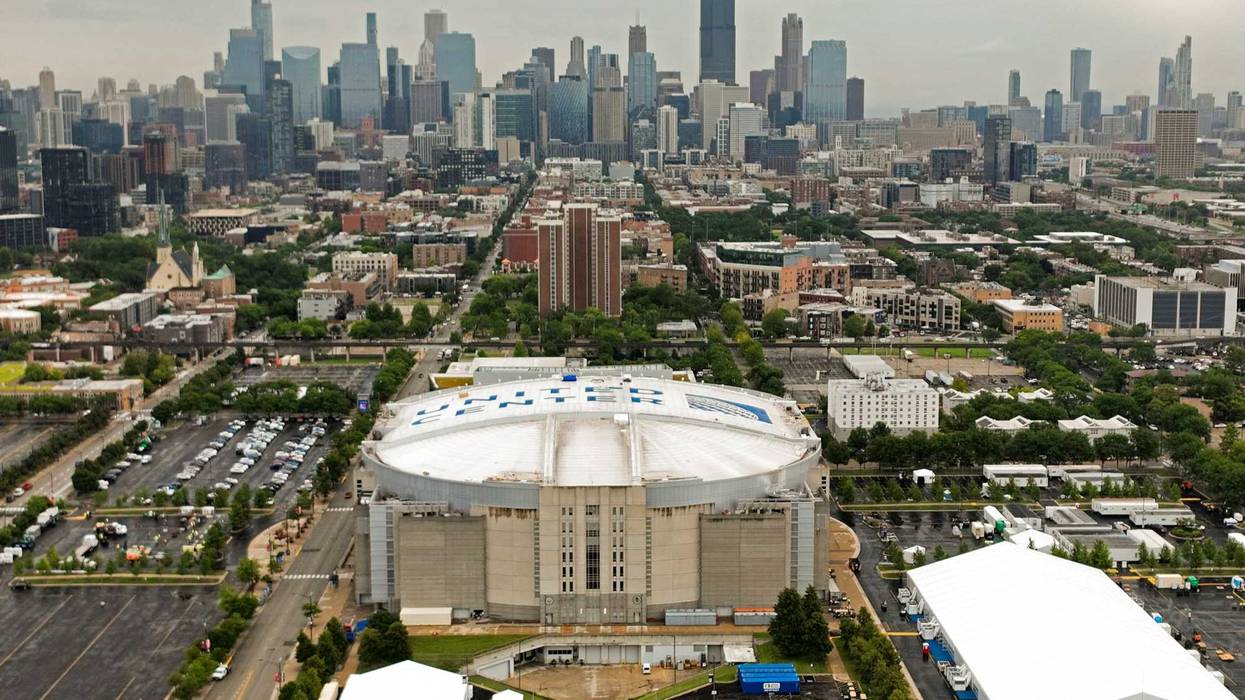 This aerial view shows the United Center and the skyline in Chicago on Aug. 1, 2024. Chicago will host the 2024 Democratic National Convention from Aug. 19-22.