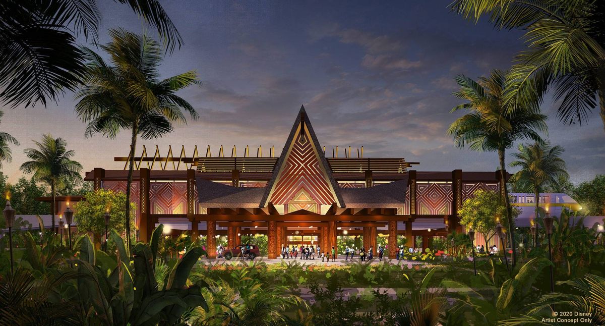 This artist rendering highlights the dramatic new porte cochere in development for Disney’s Polynesian Village Resort at Walt Disney World Resort in Lake Buena Vista, Fla.