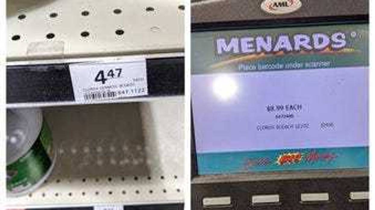 This combination of photos made by investigators with the Michigan Attorney General's Office shows a $4.47 shelf price sticker for a gallon of Clorox bleach and $8.99 on a price scanner for the same item. (Michigan Attorney General's Office via AP)