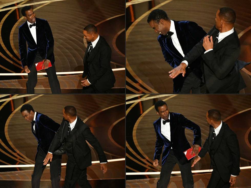 This combination of pictures created on March 28, 2022 shows US actor Will Smith (R) approaches US actor Chris Rock onstage,and US actor Will Smith (R) slaps US actor Chris Rock onstage, during the 94th Oscars at the Dolby Theatre in Hollywood, California on March 27, 2022.