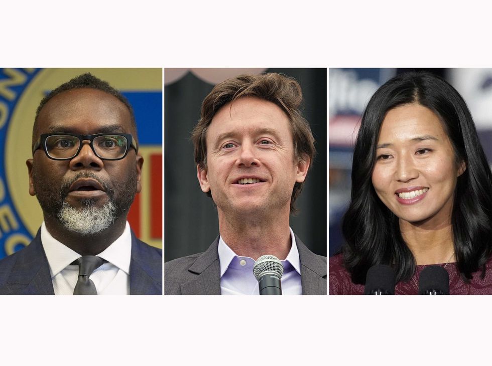 This combination photo shows Chicago Mayor Brandon Johnson, Denver Mayor Mike Johnston and Boston Mayor Michelle Wu