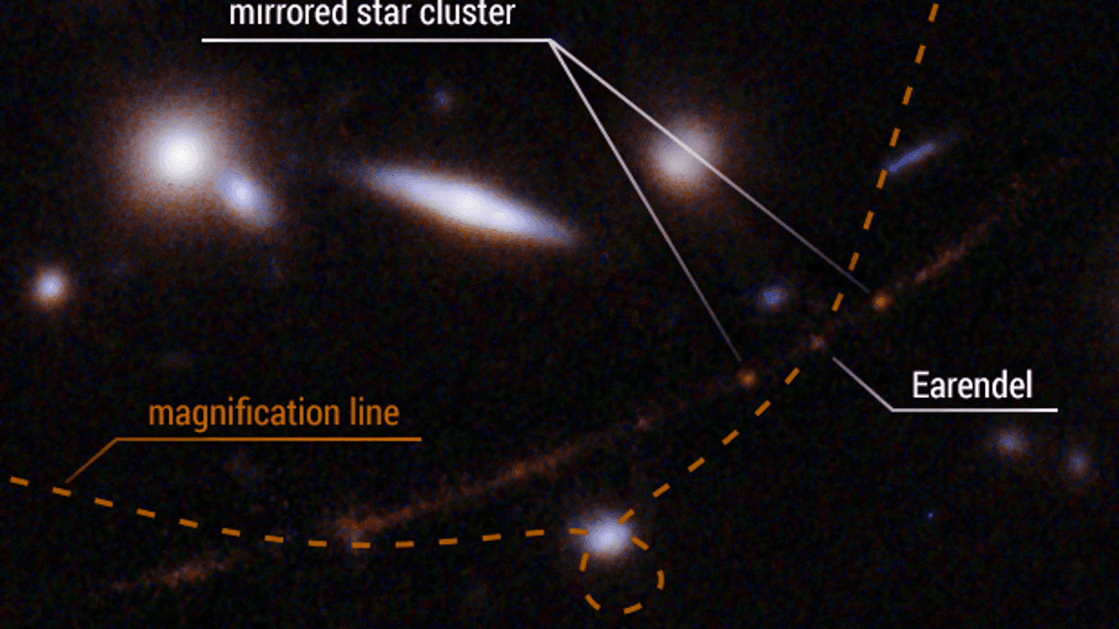 This detailed view highlights the star Earendel's position along a ripple in space-time (dotted line) that magnifies it and makes it possible for the star to be detected over such a great distance—nearly 13 billion light-years.