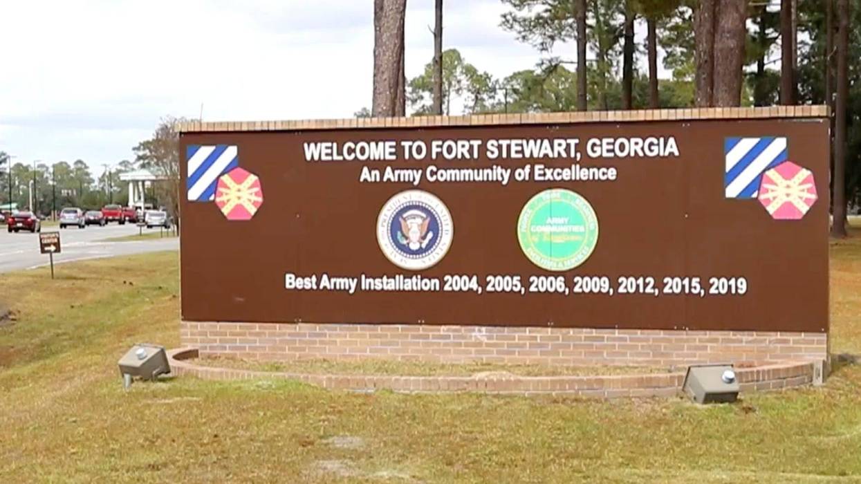 This image from video provided by the U.S. Army via DVIDS shows the entrance to Fort Stewart in Georgia on Nov. 18, 2021.