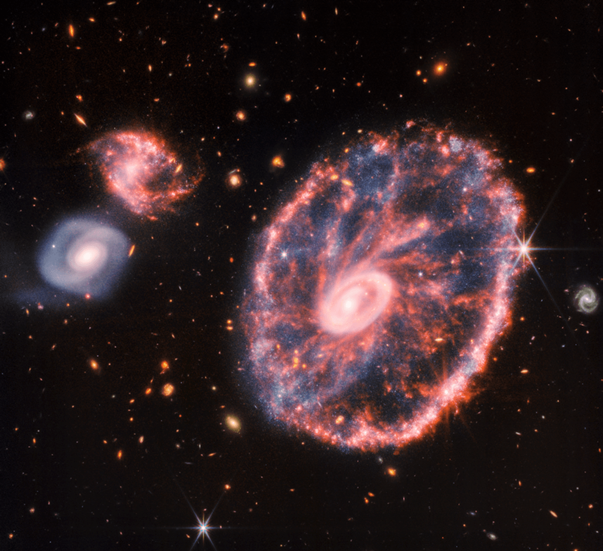 This image of the Cartwheel and its companion galaxies is a composite from Webb’s Near-Infrared Camera (NIRCam) and Mid-Infrared Instrument (MIRI), which reveals details that are difficult to see in the individual images alone.