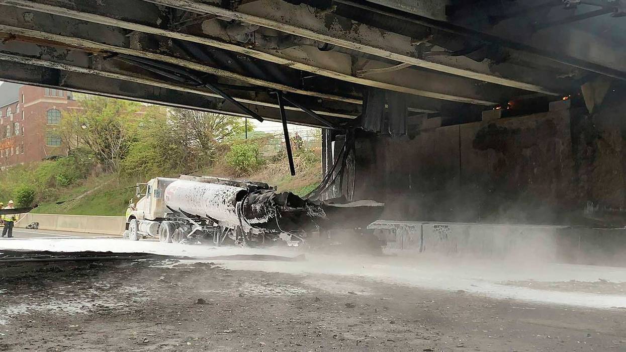 This image provided by the Norwalk Police Department shows the scene of a tanker fire on I-95 in Norwalk, Conn., Thursday, May 2, 2024