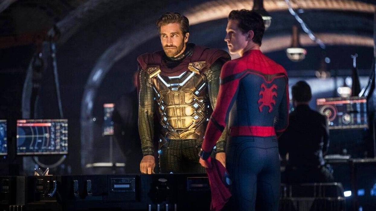 This image released by Sony Pictures shows Jake Gyllenhaal, left, and Tom Holland in a scene from "Spider-Man: Far From Home."