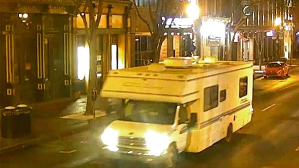 This image taken from surveillance video provided by Metro Nashville PD shows a recreational vehicle that was involved in a blast on Friday, Dec. 25, 2020 in Nashville, Tenn.