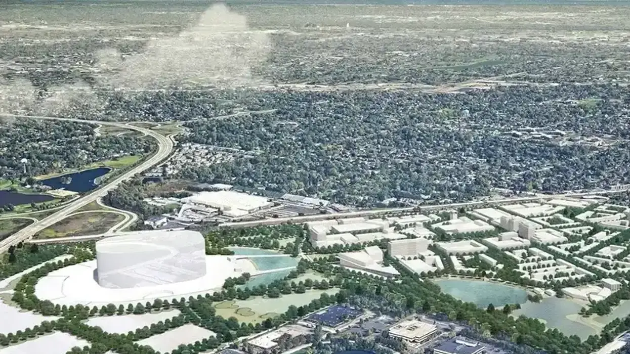 This is a preliminary master plan vision aerial view from the southwest of the Bears' proposed stadium development in Arlington Heights.