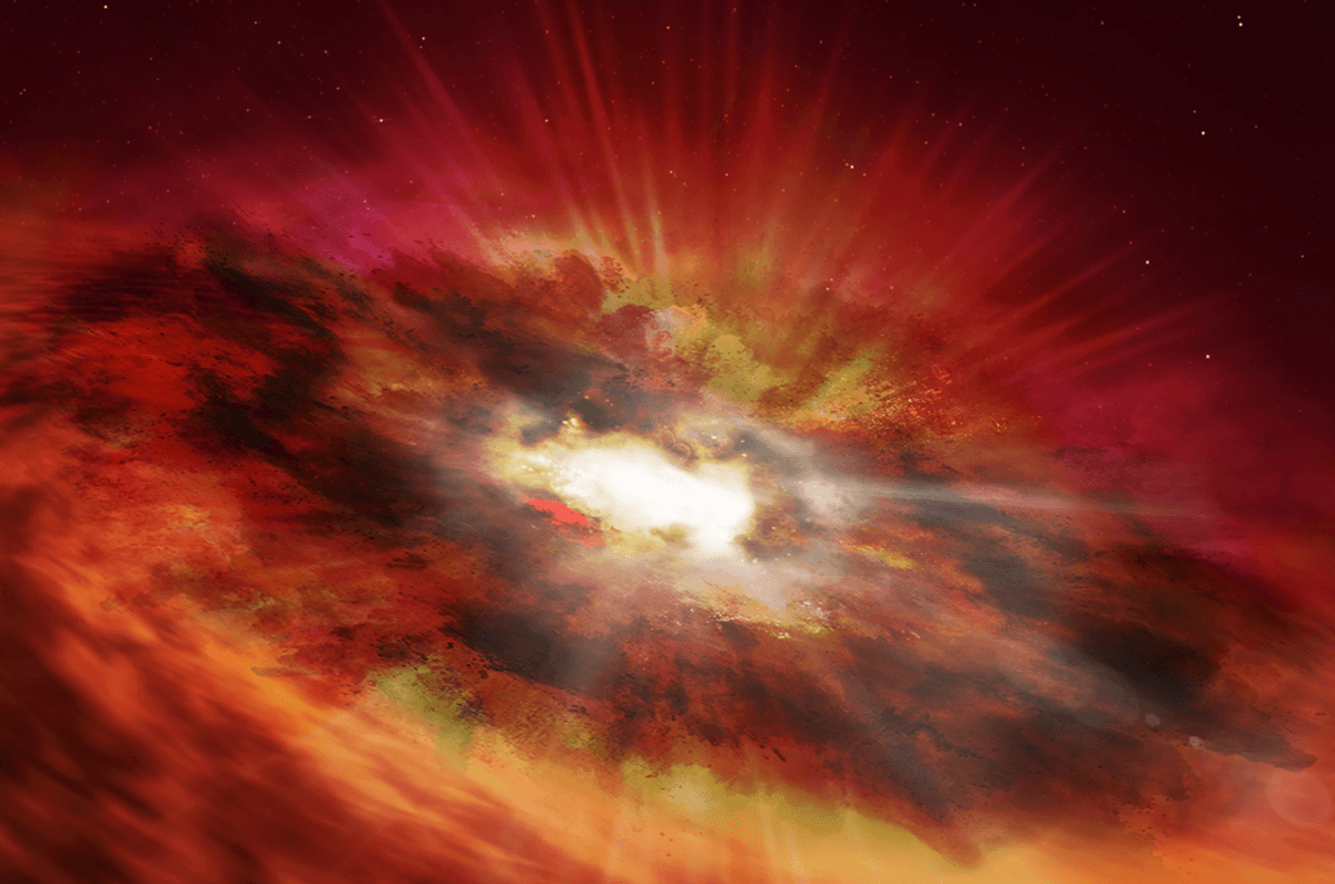 This is an artist's illustration of a supermassive black hole that is inside the dust-shrouded core of a vigorously star-forming "starburst" galaxy.