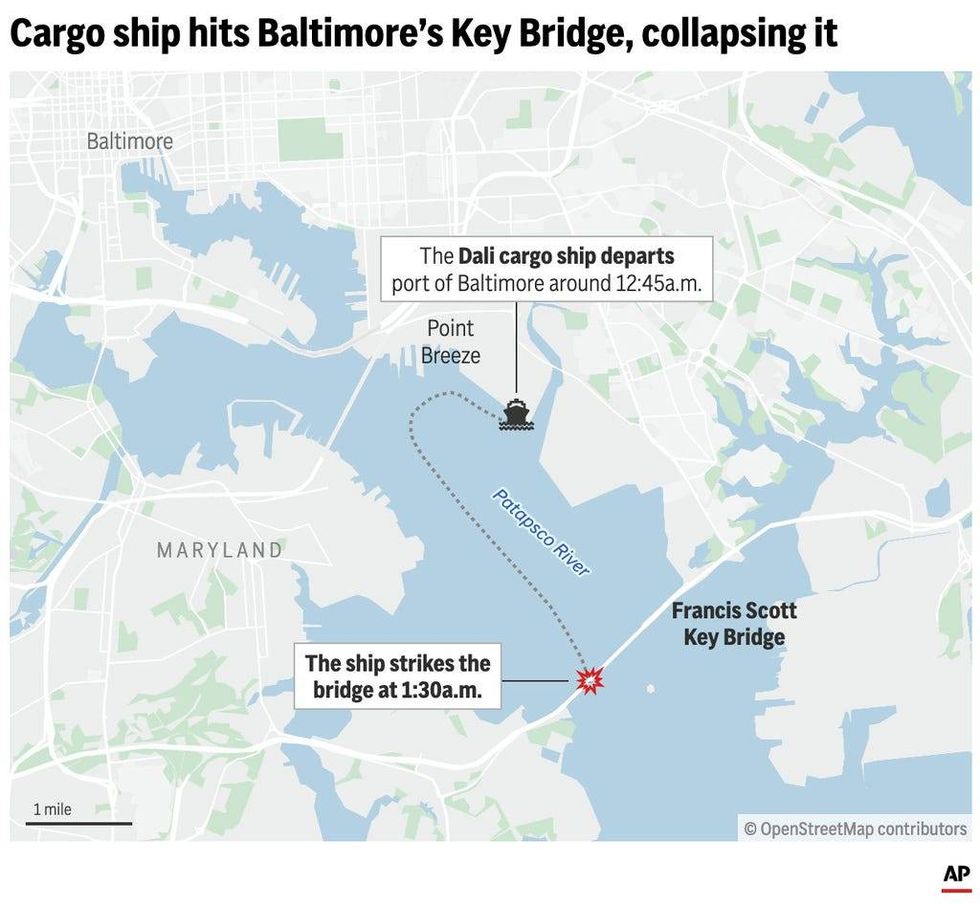 This map highlights the route of the cargo ship Dali in the Port of Baltimore up until it struck the Francis Scott Key Bridge on Tuesday.
