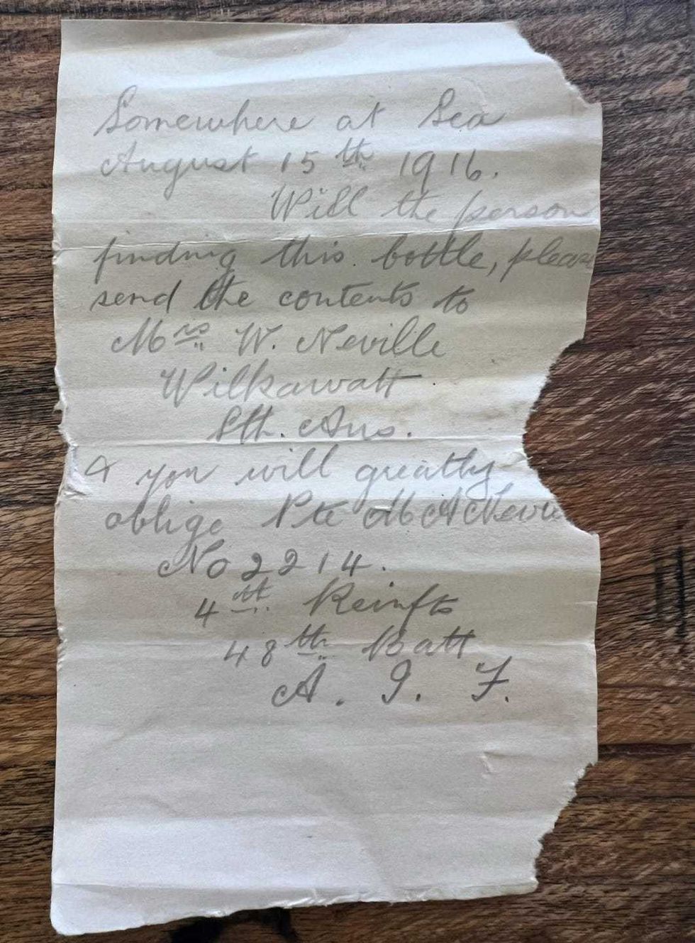 This photo provided by Deb Brown shows a letter discovered in a bottle in Condingup, Australia, Saturday, Oct. 25, 2025.