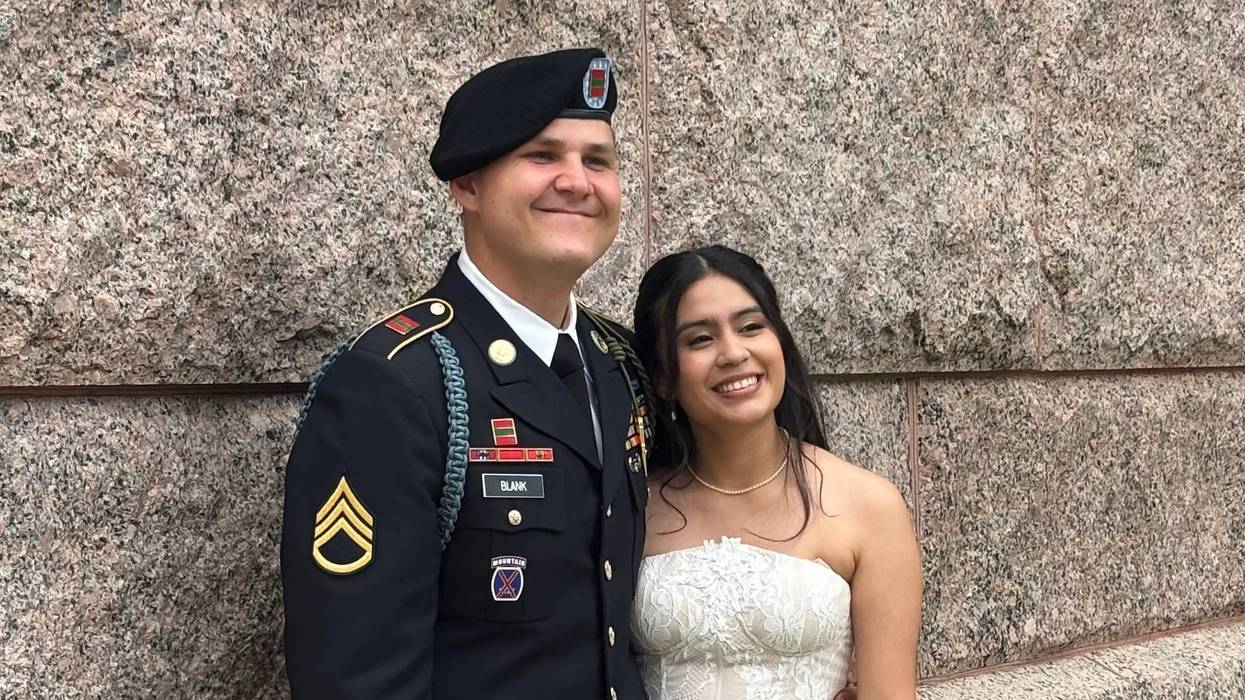 This photo provided by Jen Rickling shows U.S. Army staff sergeant, Matthew Blank, left, and his wife, Annie Ramos, posing for a photo while celebrating their wedding, in March, 2026, in Houston.