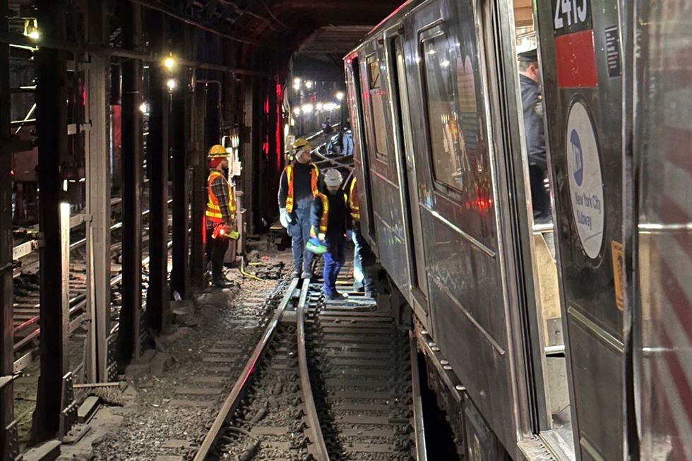 This photo provided by NYC Emergency Management shows the derailment of a New York City subway car, Thursday, Jan. 4, 2024