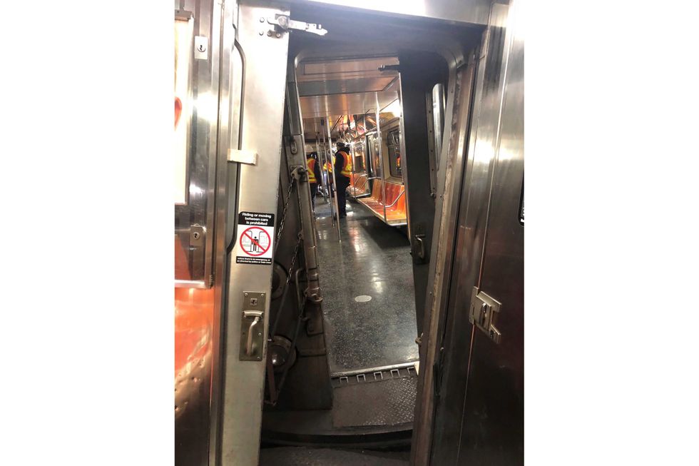 This photo provided by NYC Emergency Management shows the derailment of a New York City subway car, Thursday, Jan. 4, 2024
