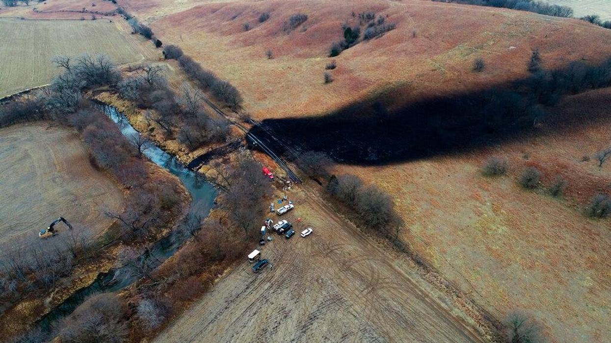 This photo taken by a drone, shows the cleanup process in Washington County, Kan.