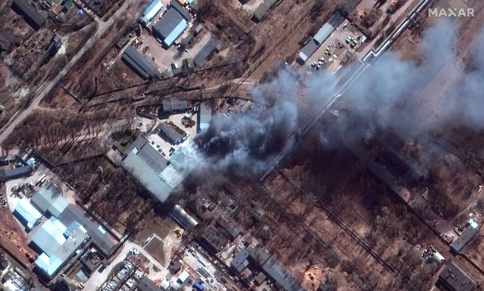 This satellite image provided by Maxar Technologies shows a closeup view of fires in an industrial area and nearby fields in southern Chernihiv, Ukraine, during the Russian invasion, Thursday, March 10, 2022