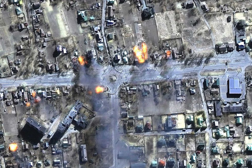 This satellite image provided by Maxar Technologies shows burning buildings in a residential area in northeast Chernihiv, Ukraine on Wednesday, March 16, 2022