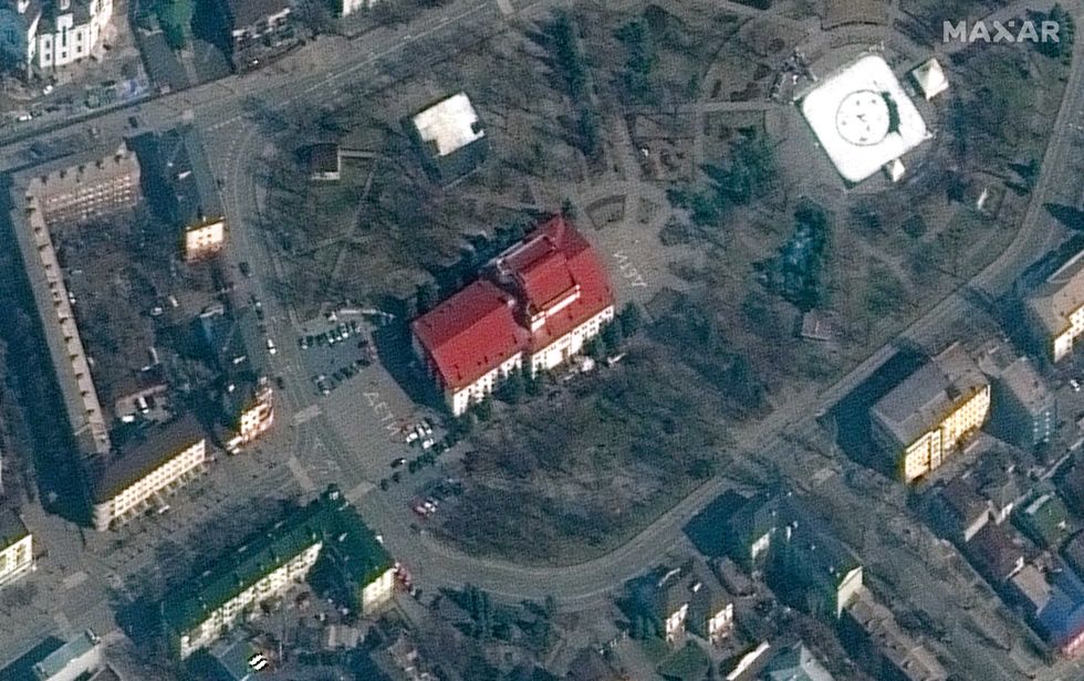This satellite image provided by Maxar Technologies shows the Mariupol Drama Theater in Mariupol, Ukraine on Monday, March 14, 2022