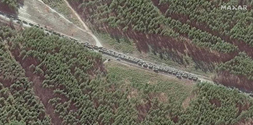 This satellite image provided by Maxar Technologies shows the northern end of a convoy at the southeast of Ivankiv, north west of Kyiv, Ukraine, Monday Feb. 28, 2022