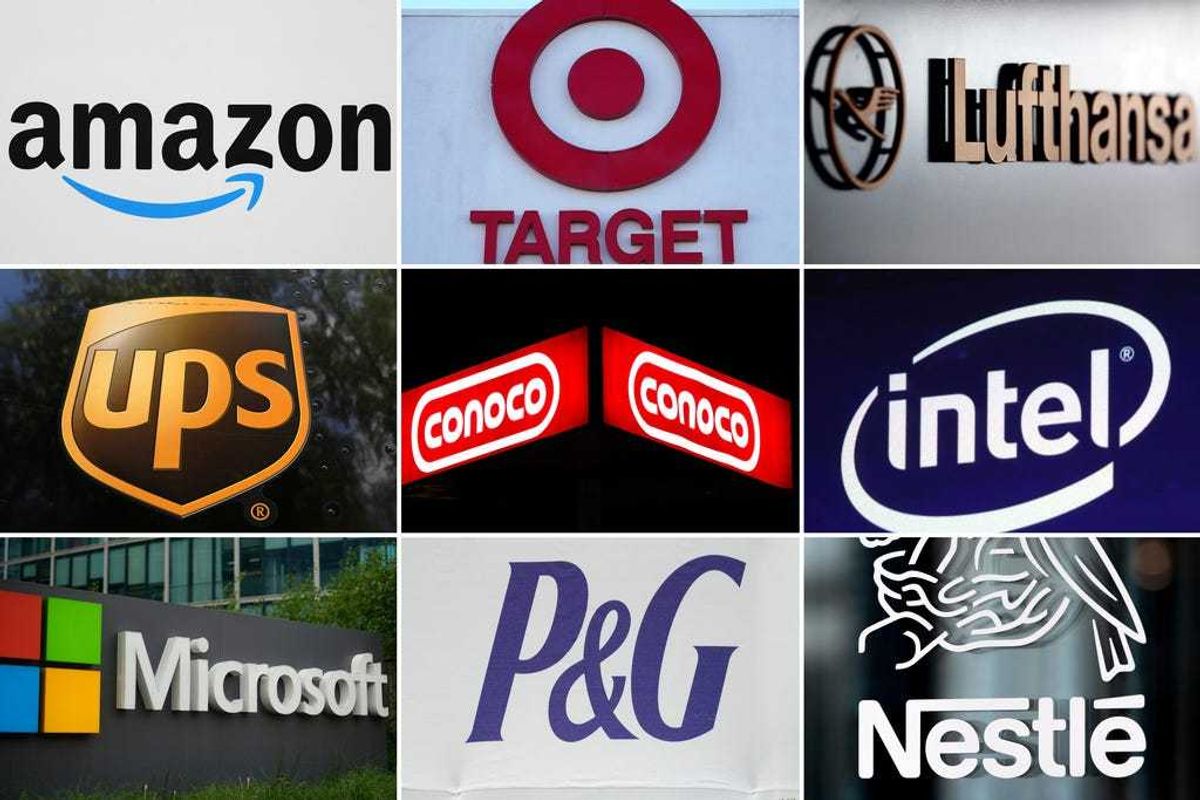 This undated combination of photos shows clockwise from top left the company logos for Amazon, Target, Lufthansa Group, UPS, ConocoPhillips, Intel, Microsoft, Procter & Gamble and Nestle.