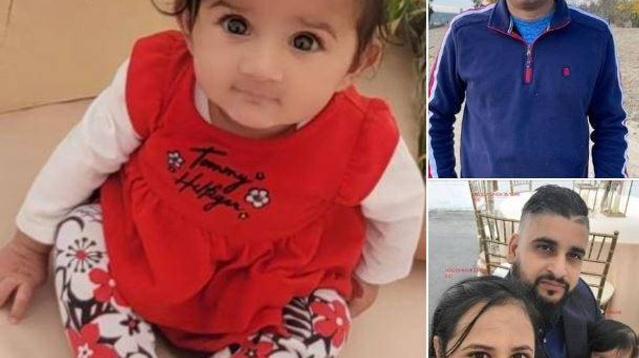 This undated photo provided by Merced County Sheriff's Office shows eight-month-old Aroohi Dheri, her parents, Jasleen Kaur, and Jasdeep Singh, and uncle Amandeep Singh, who were kidnapped from a south Merced, Calif., business Monday night, Oct. 3, 2022. Authorities are seeking the public's help in finding the family members and released photos of them. The Merced County Sheriff's Office said the child's mother, father and uncle were taken against their will at gunpoint from a business in the city of Merced, Calif., on Monday, Oct. 3, 2022.