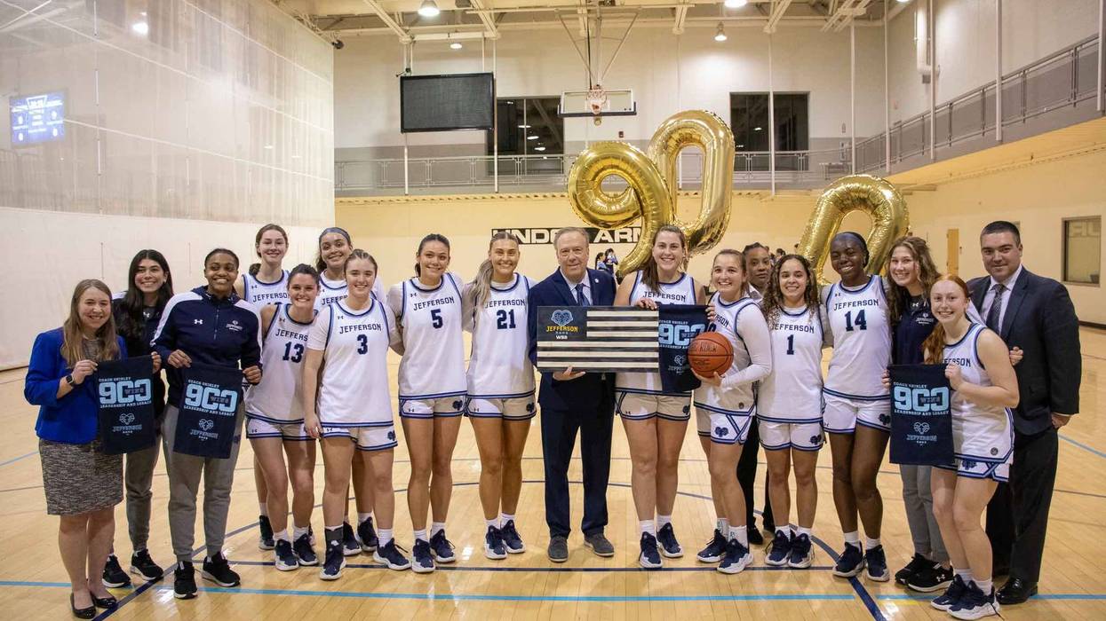 Thomas Jefferson University women’s basketball head coach Tom Shirley celebrates his 900th career win on Feb. 19, 2025.