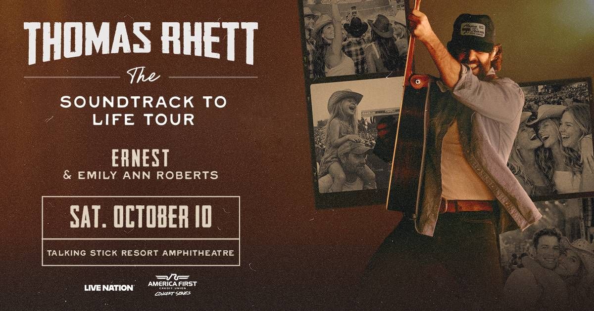 Thomas Rhett "The Soundtrack to Life Tour" poster, with guitar, surrounded by fan photos. Oct 10.