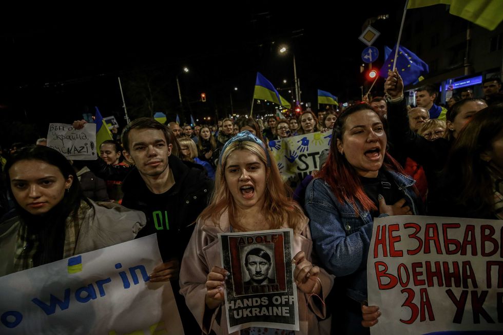 Thousands of people gathered in a peaceful march against the Russian attacks on Ukraine in Sofia, Bulgaria, on March 24, 2022.
