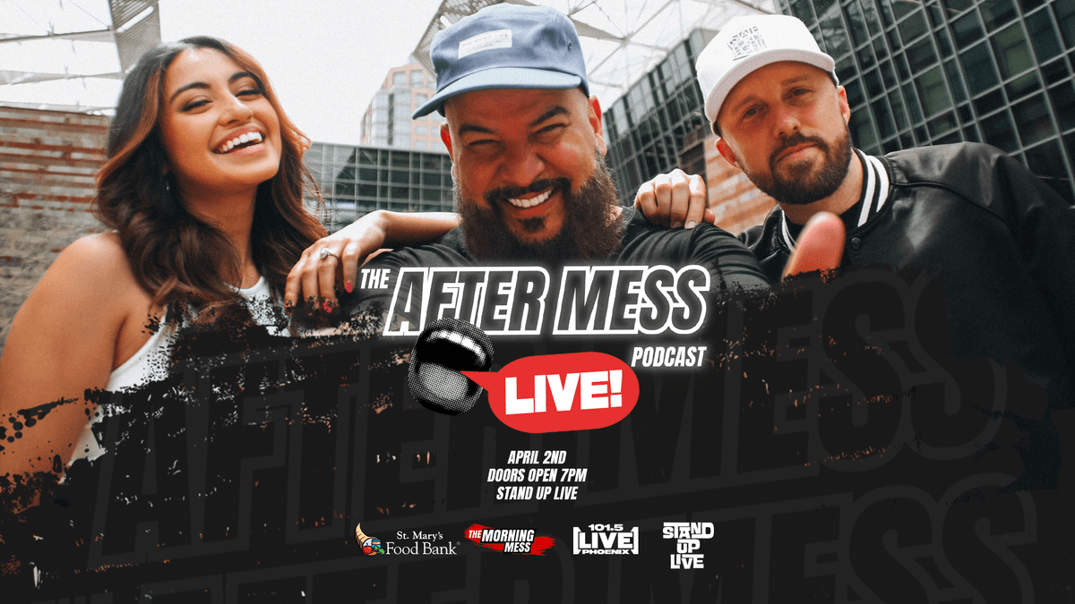 Three smiling hosts promote The After Mess Podcast LIVE! event, April 2nd, Stand Up Live.