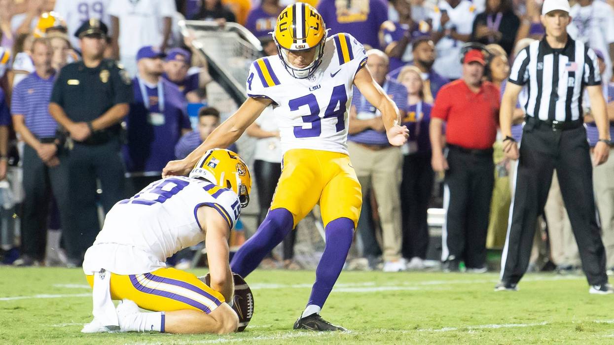 Tigers kicker Damion Ramos 34 kicks the game winning field goal as the LSU Tigers take on the Arkansas Razorbacks