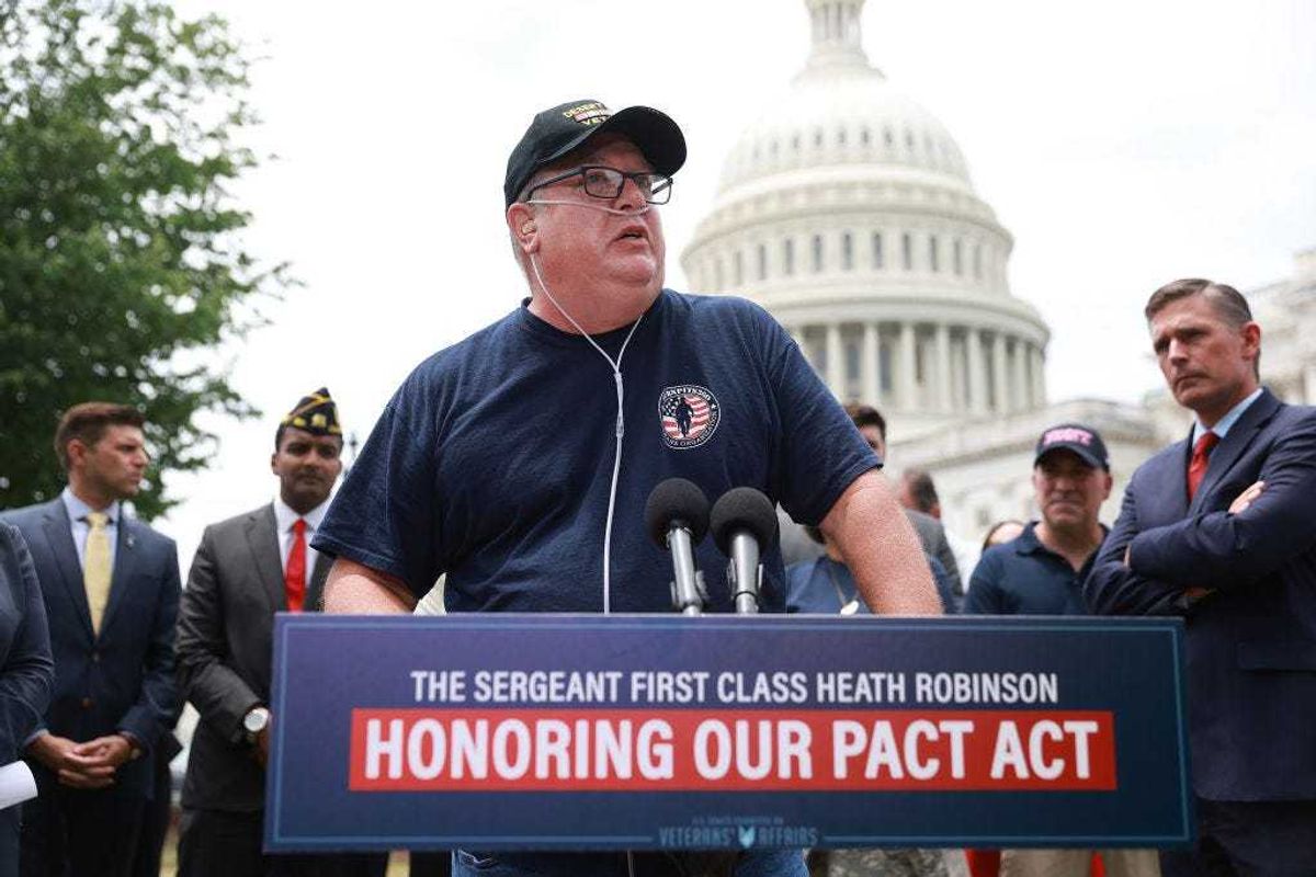 Tim Hauser, with Burn Pits 360, speaks during a press conference to talk about the Senate’s passage of the Sergeant First Class Heath Robinson Honoring Our Promise to Address Comprehensive Toxics Act of 2022 on June 16, 2022 in Washington, DC. The legislation was introduced by U.S. Senators Jerry Moran (R-KS) and Jon Tester (D-MT). The Act is expected to deliver all generations of toxic-exposed veterans their earned health care and benefits under the Department of Veterans Affairs for the first time in the nation’s history.