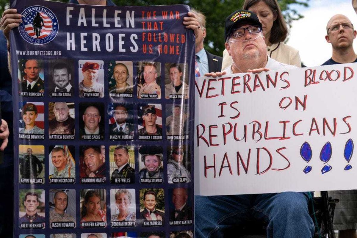 Tim Houser, a Desert Storm veteran from Twinsburg, Ohio, attends a news conference with veterans and Senate Democrats about the Honoring Our Promise to Address Comprehensive Toxics (PACT) Act on Capitol Hill July 28, 2022 in Washington, DC.