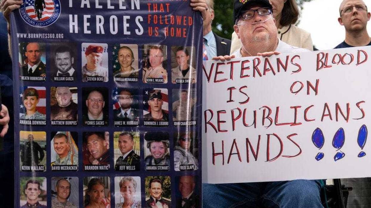 Tim Houser, a Desert Storm veteran from Twinsburg, Ohio, attends a news conference with veterans and Senate Democrats about the Honoring Our Promise to Address Comprehensive Toxics (PACT) Act on Capitol Hill July 28, 2022 in Washington, DC.