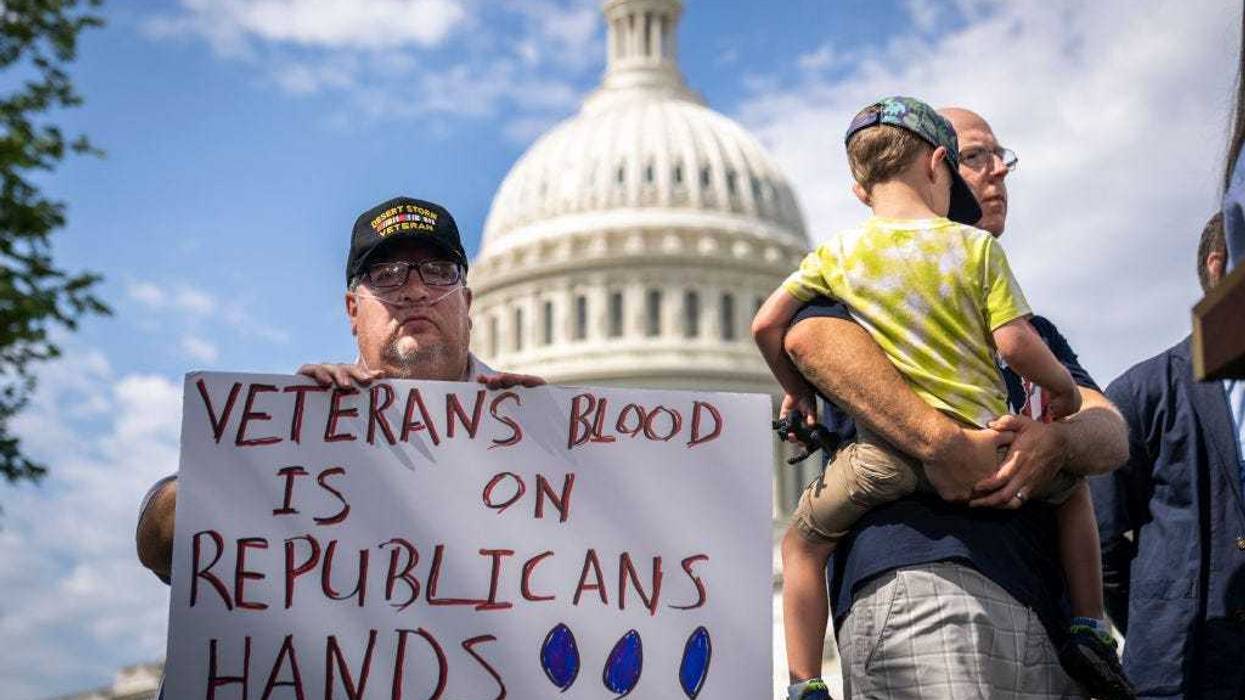 Tim Houser, a Desert Storm veteran from Twinsburg, Ohio, attends a news conference with veterans and Senate Democrats about the Honoring Our Promise to Address Comprehensive Toxics (PACT) Act on Capitol Hill July 28, 2022 in Washington, DC. A procedural vote to advance the bill, which would expand health care access for military veterans who became ill after being exposed to toxic burn pits, failed to pass in the Senate on Wednesday. (Photo by Drew Angerer/Getty Images)