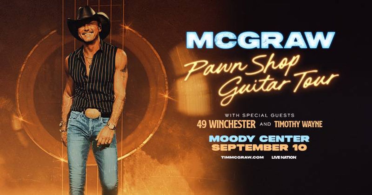Tim McGraw in a cowboy hat and vest on his Pawn Shop Guitar Tour concert poster.