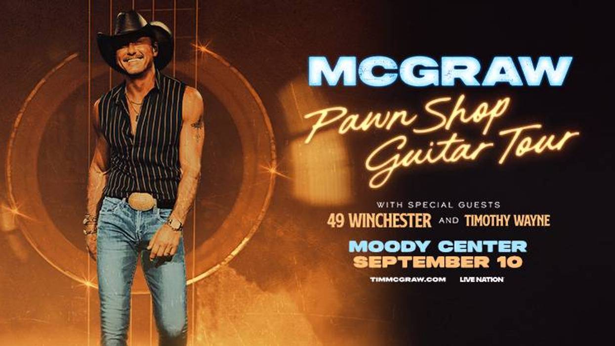 Tim McGraw in a cowboy hat and vest on his Pawn Shop Guitar Tour concert poster.