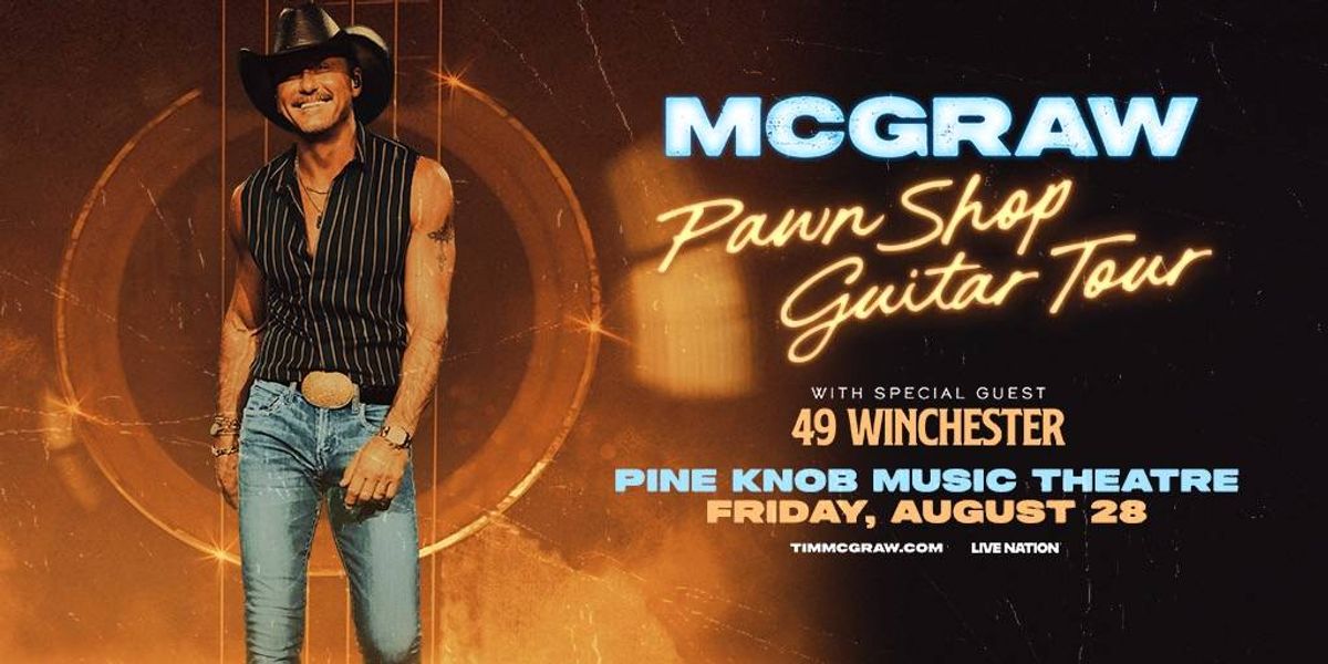 Tim McGraw smiling in cowboy hat on his 'Pawn Shop Guitar Tour' poster with 49 Winchester, Aug 28.