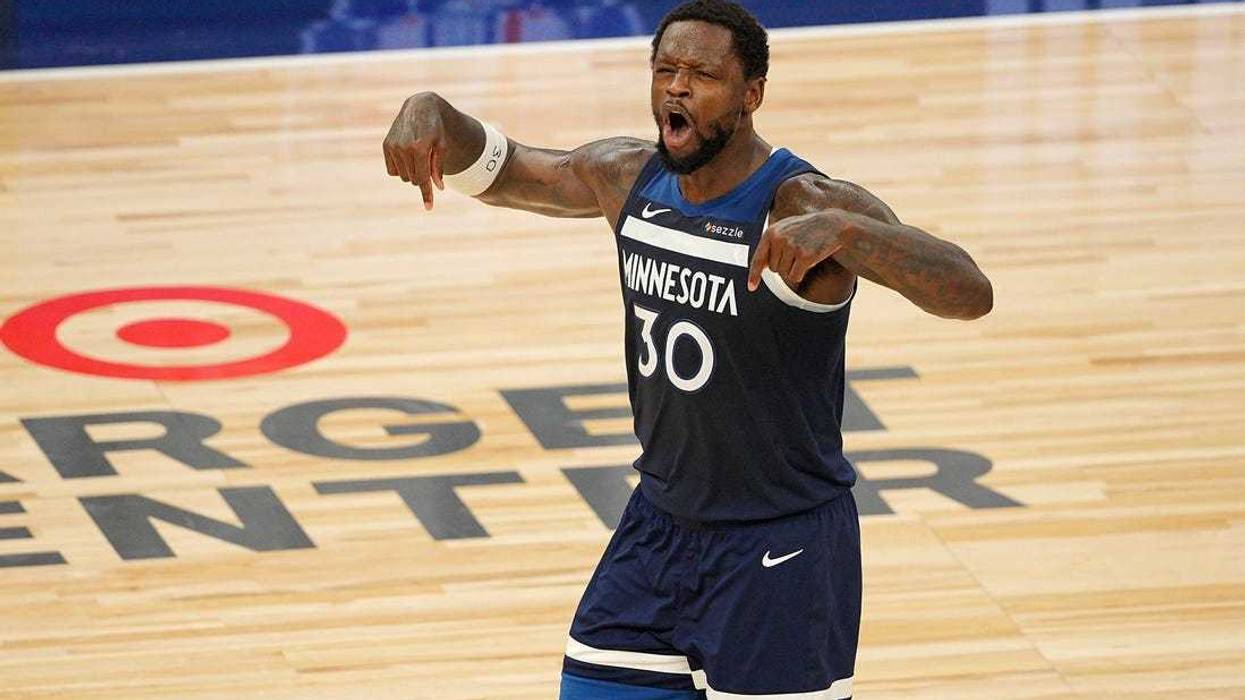 Timberwolves forward Julius Randle (30) reacts against the Oklahoma City Thunder during the second half in game three of the western conference finals for the 2025 NBA Playoffs at Target Center.