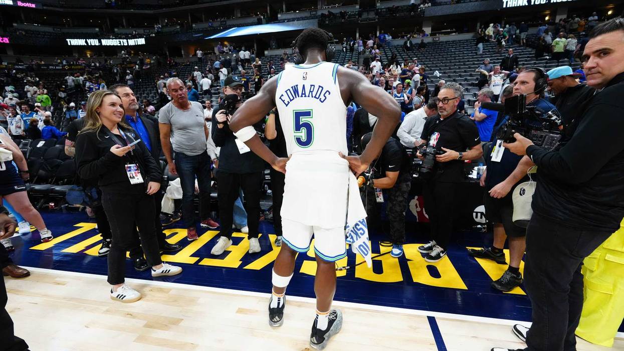 Timberwolves guard Anthony Edwards (5) is interviewed following the game against Denver where he uttered the now famous phrase to Charles Barkley.