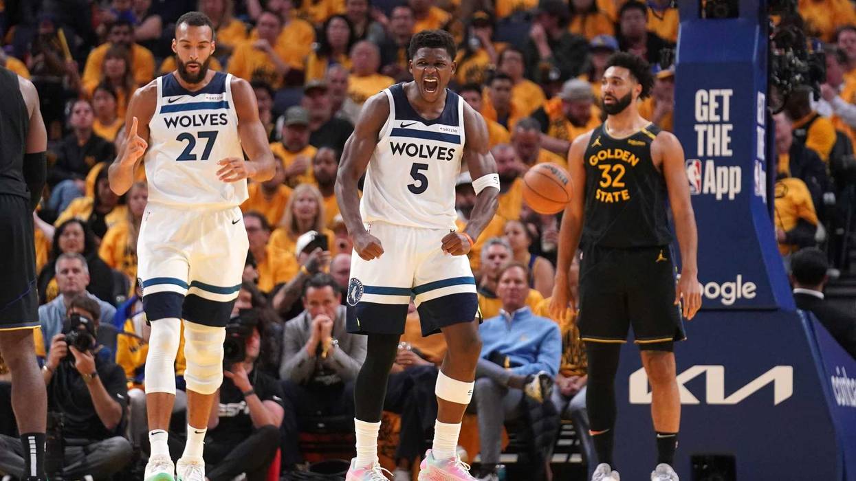 Timberwolves guard Anthony Edwards (5) reacts after making a shot while being fouled against the Golden State Warriors in the third quarter during game four of the second round for the 2025 NBA Playoffs at Chase Center.