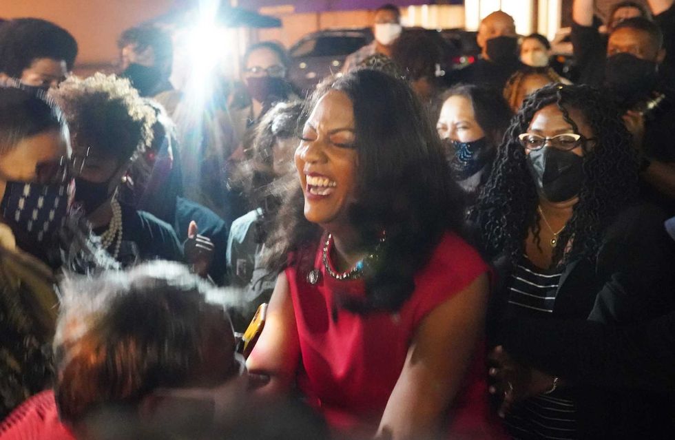 Tishaura Jones dances with sorority sisters at a watch party after clinching the win as St. Louis Mayor, in St. Louis on April 6, 2021. Jones, the current City Treasurer, makes history by becoming the first Black woman to become St. Louis Mayor. (Photo by Bill Greenblatt/UPI)