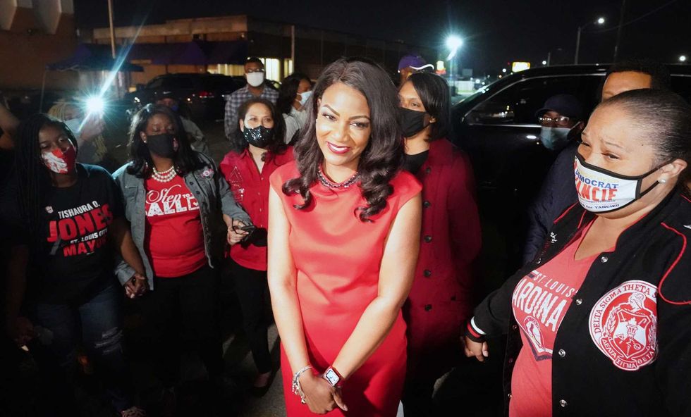 Tishaura Jones is serenaded by sorority sisters at a watch party, after clinching the win as St. Louis Mayor, in St. Louis on April 6, 2021. Jones, the current City Treasurer, makes history by becoming the first Black woman to become St. Louis Mayor. (Photo by Bill Greenblatt/UPI)