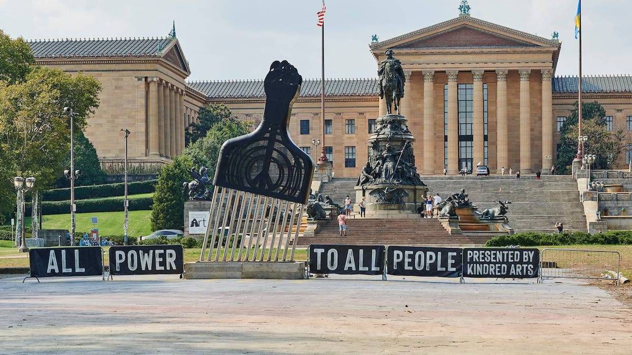 Titled "All Power to All People," this sculpture by artist Hank Willis Thomas stands in front of the Philadelphia Museum of Art, part of Kindred Arts' "Monumental Tour."