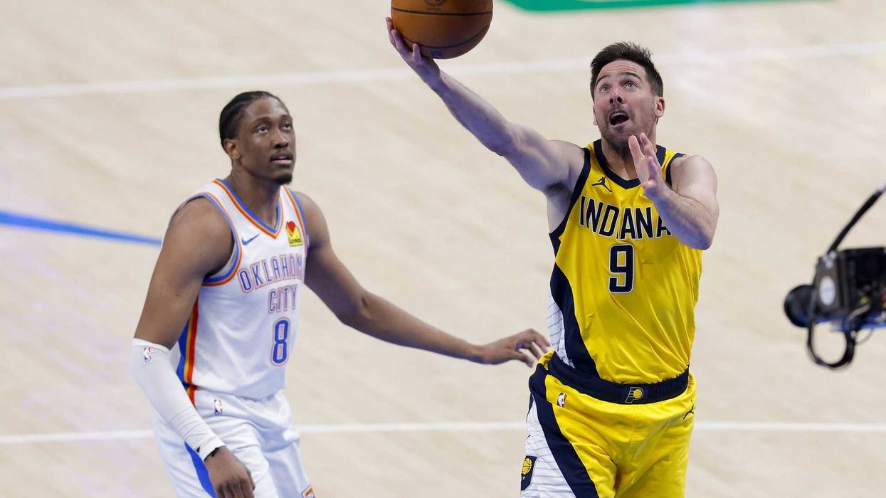 TJ McConnell driving on Oklahoma City in NBA Finals