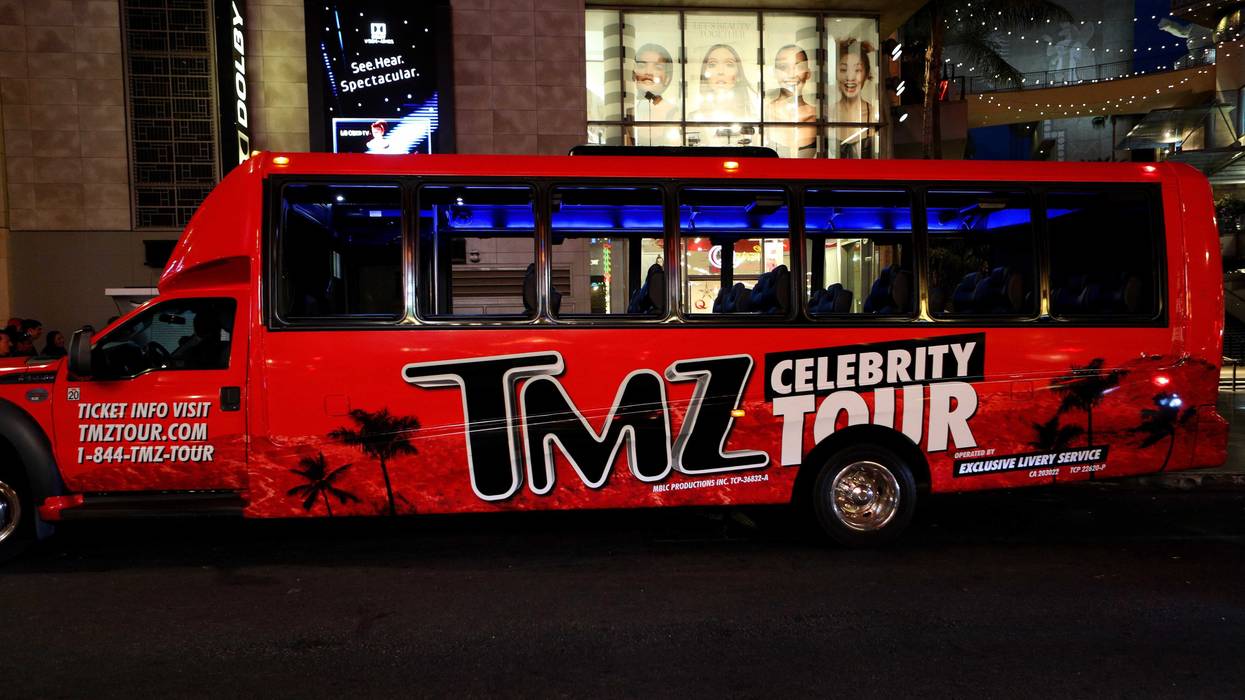 TMZ Celebrity Tour Bus sits parked outside the Dolby Theatre in Hollywood, California on September 10, 2017.