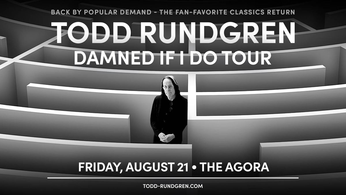 Todd Rundgren stands in a black and white maze, advertising his 'Damned If I Do Tour'.