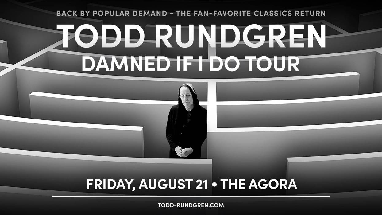 Todd Rundgren stands in a black and white maze, advertising his 'Damned If I Do Tour'.