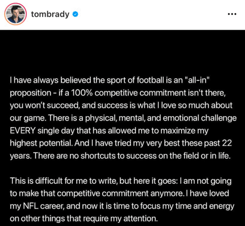 Tom Brady announces his retirement on Instagram.
