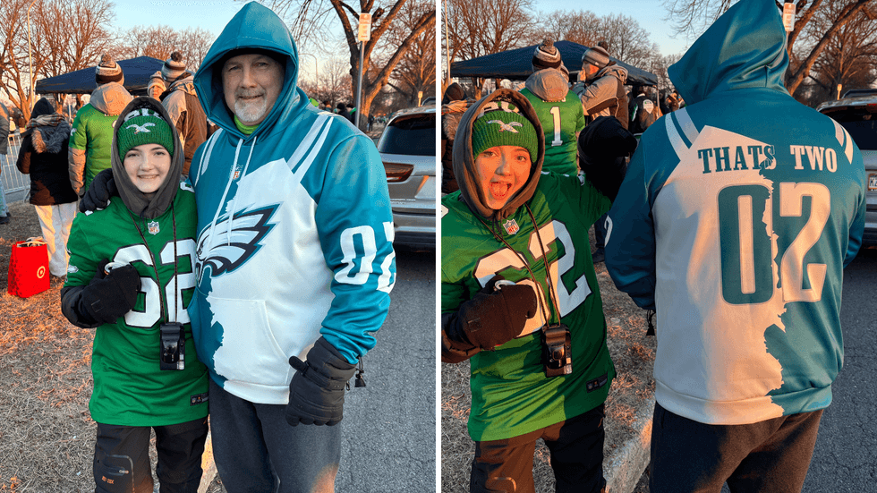 Tom Gibbons and his daughter, Emily, show off the custom Super Bowl-winning shirt he had made before the Eagles won the title.