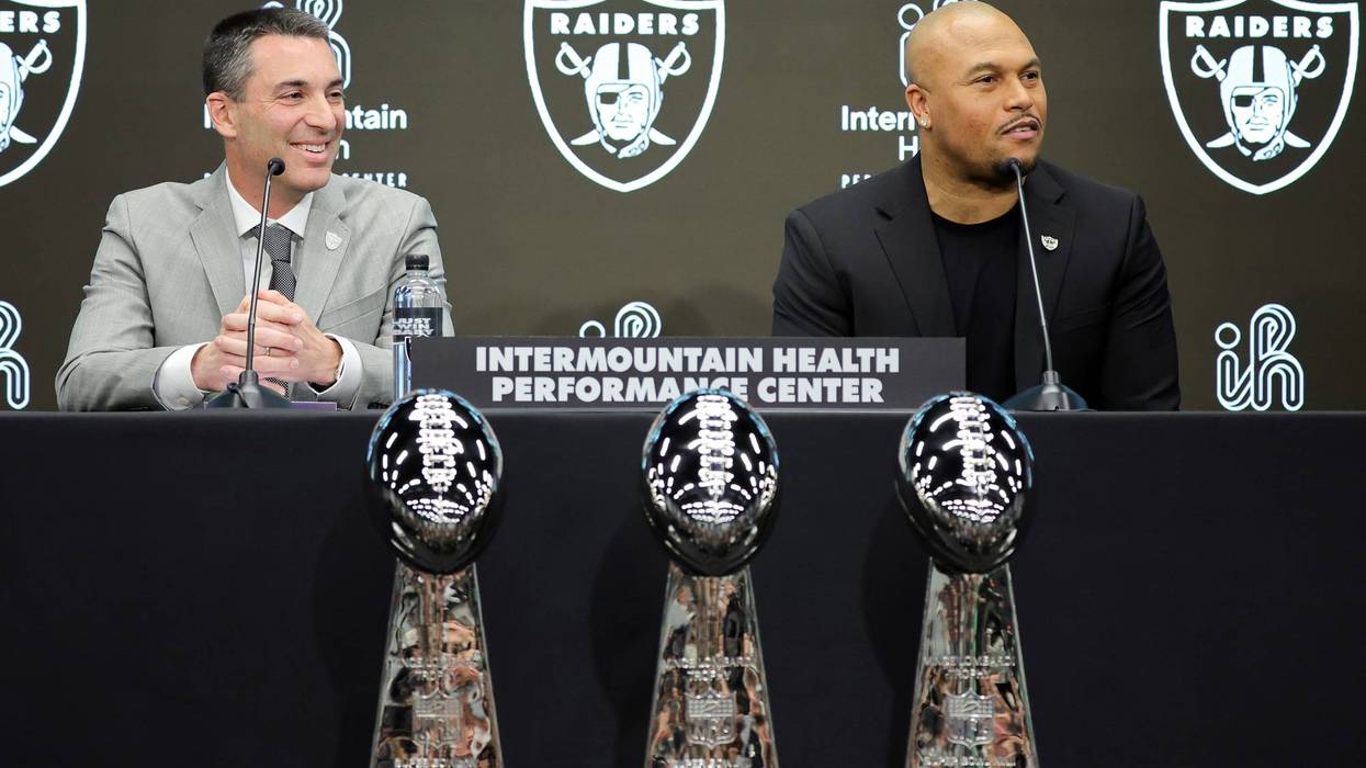 Tom Telesco (L) and Antonio Pierce attend a news conference introducing Telesco as the general manager and Pierce as the head coach of the Las Vegas Raiders